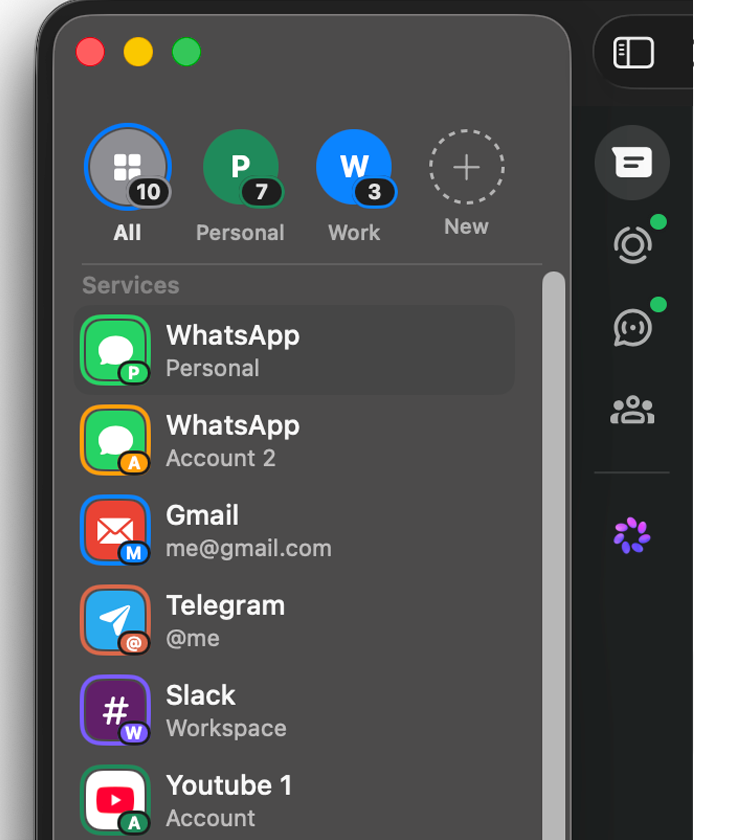 AIOWrap in dark mode: persona switcher (All, Personal, Work) above isolated WhatsApp, Gmail, Telegram, Slack and YouTube accounts