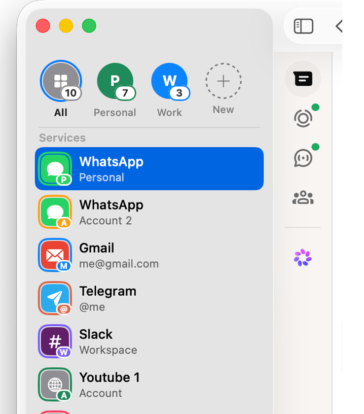 AIOWrap in light mode: persona switcher above the isolated accounts sidebar